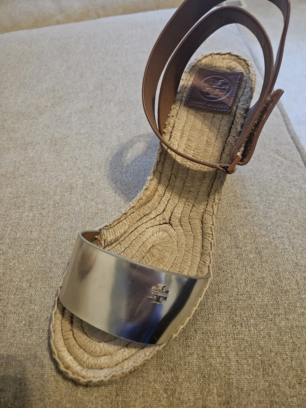 Tory Burch Brown Leather & Metallic Espadrille Sandals 9.5 Great Condition
